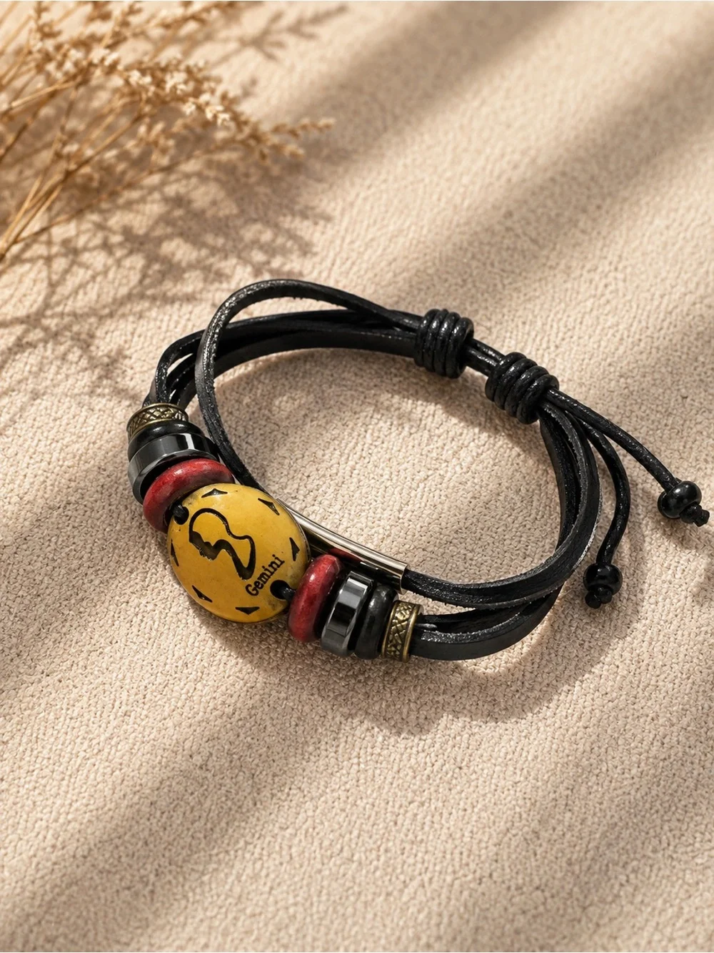 Black Leather Adjustable Zodiac Bracelet with Yellow Gemini Bead